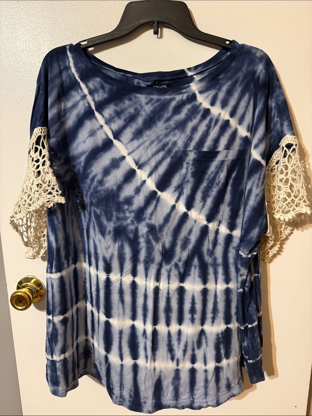 Chaps Navy and White Tie-Dye Short Sleeve Top with Crochet Sleeves
